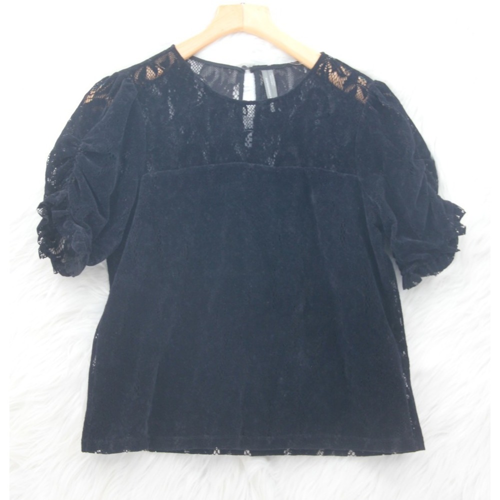 By Anthropologie Whimsigoth Black velvet lace puff sleeve Top Women's S Goth Art